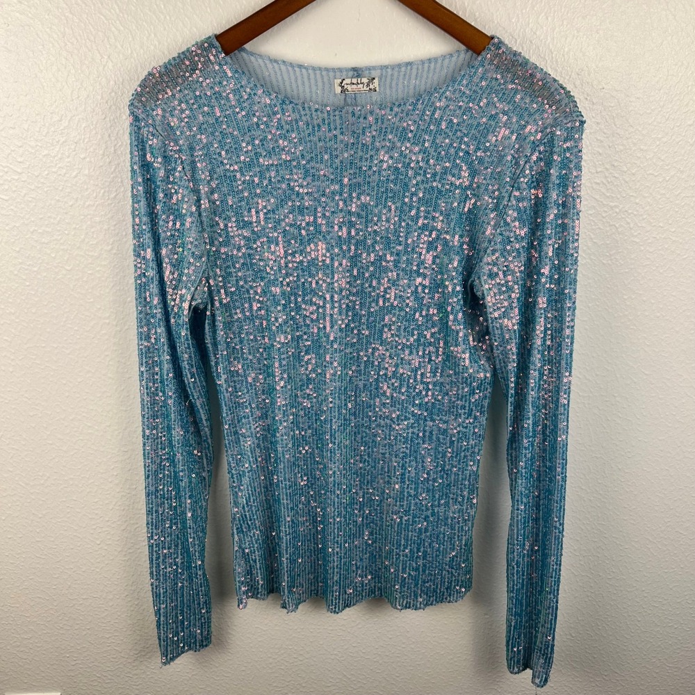 Free People Sequins Mesh Mermaid Top Size Medium Fairy Rave Unicorn Iridescent